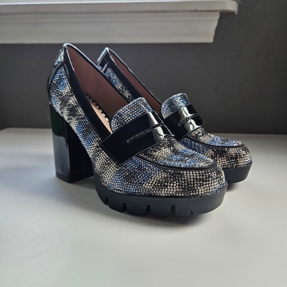 Rhinestone Heel Loafers Platform Block Plaid 6.5 Glam Sparkle Maximalist Party